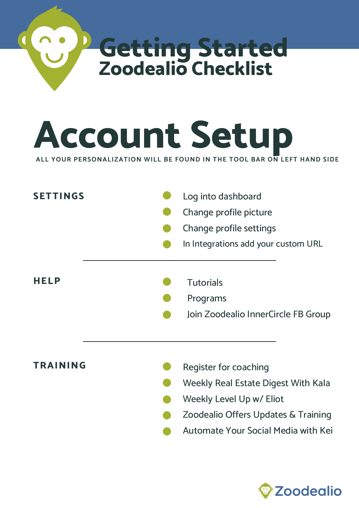 Zoodealio - Getting Started checklist