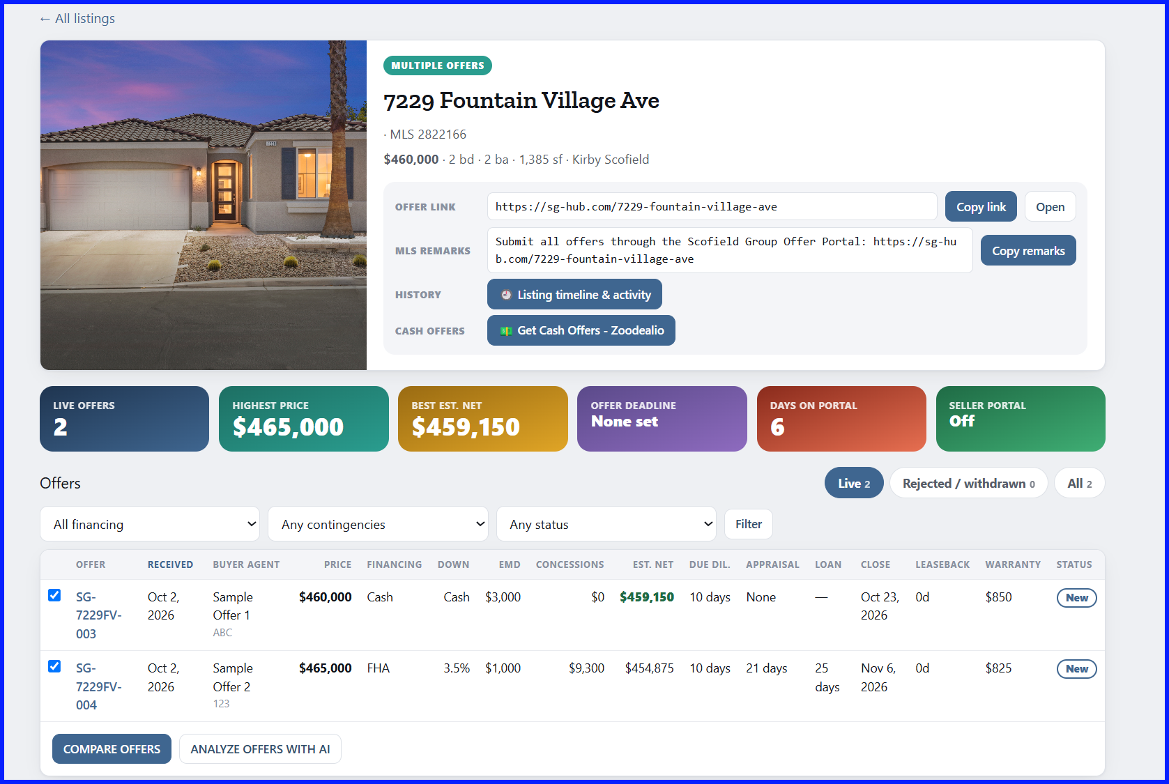 SG Hub listing offers dashboard with two live offers