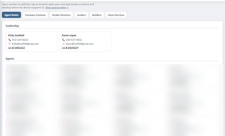 SG Contact List: Agent Roster, Company Contacts, Vendor Directory, Lenders, Builders and Home Services. Agent contact details are blurred here.