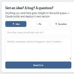 The Idea box: pick Idea, Fix or Question, write one line, add details, then Send it in.