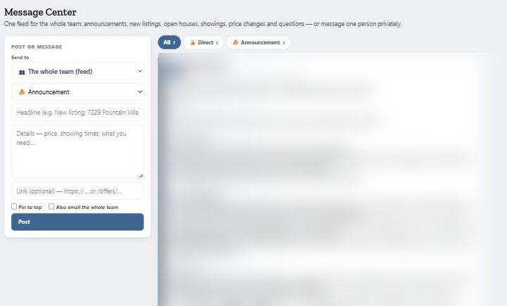 Message Center: post to the whole team or send a private message. The feed on the right is blurred here.
