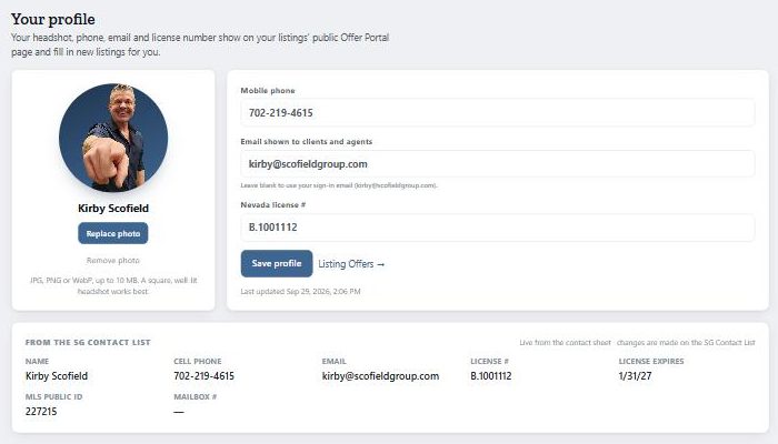 Profile settings: headshot, phone, and Nevada license number.