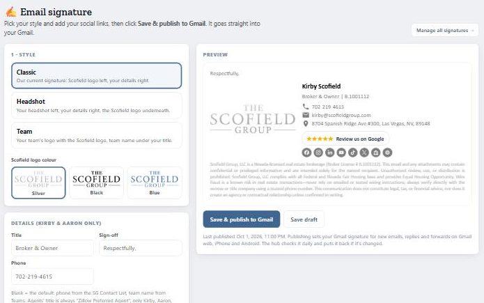 Email Signature: pick a style and a logo colour; the preview shows your signature. Agents see their own name, title and license.